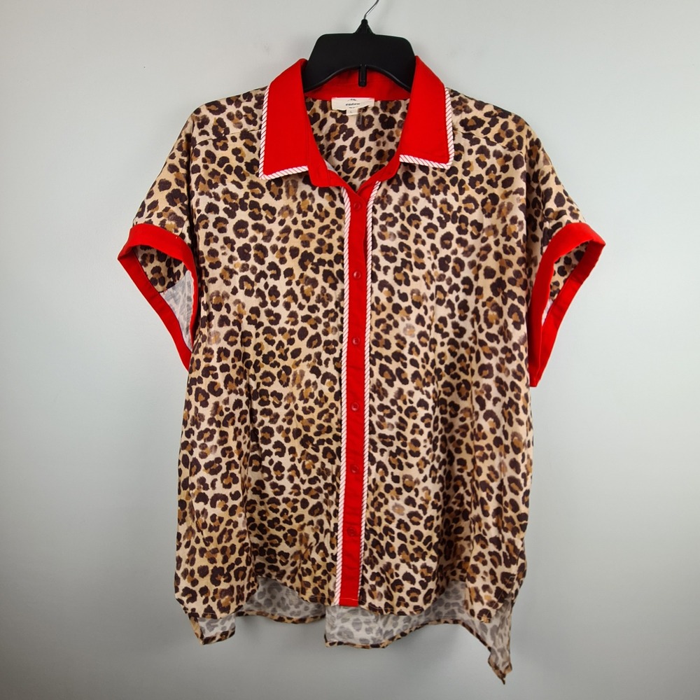 Entro Leopard Print Button Front Shirt Red Contrast Trim High Low Top Large